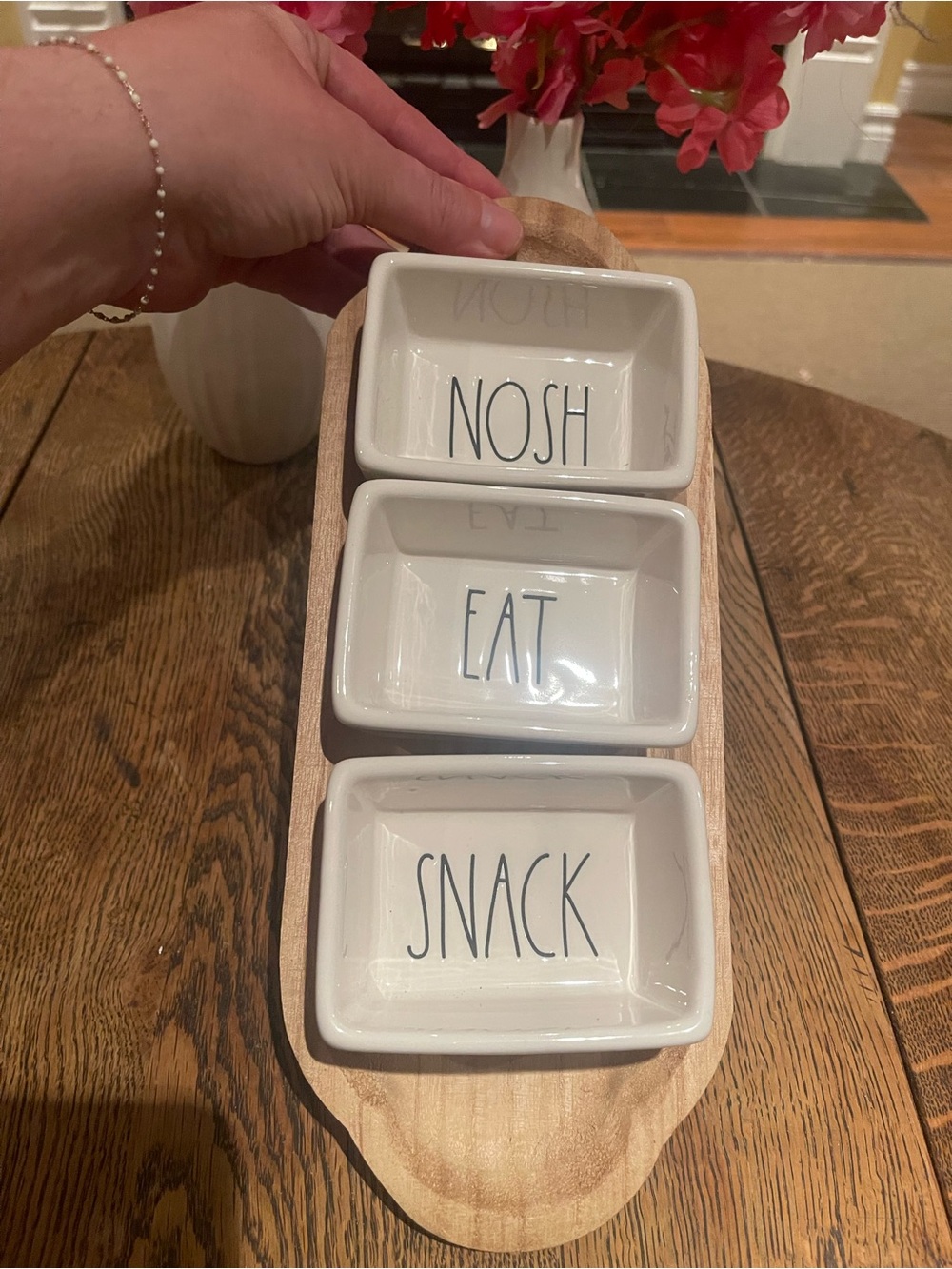 Rae Dunn White Ceramic Snack Trio with Wood Tray